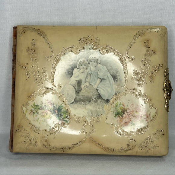 Vtg Celluloid & Velvet Victorian Little Girls & Floral Embossed Photo Album